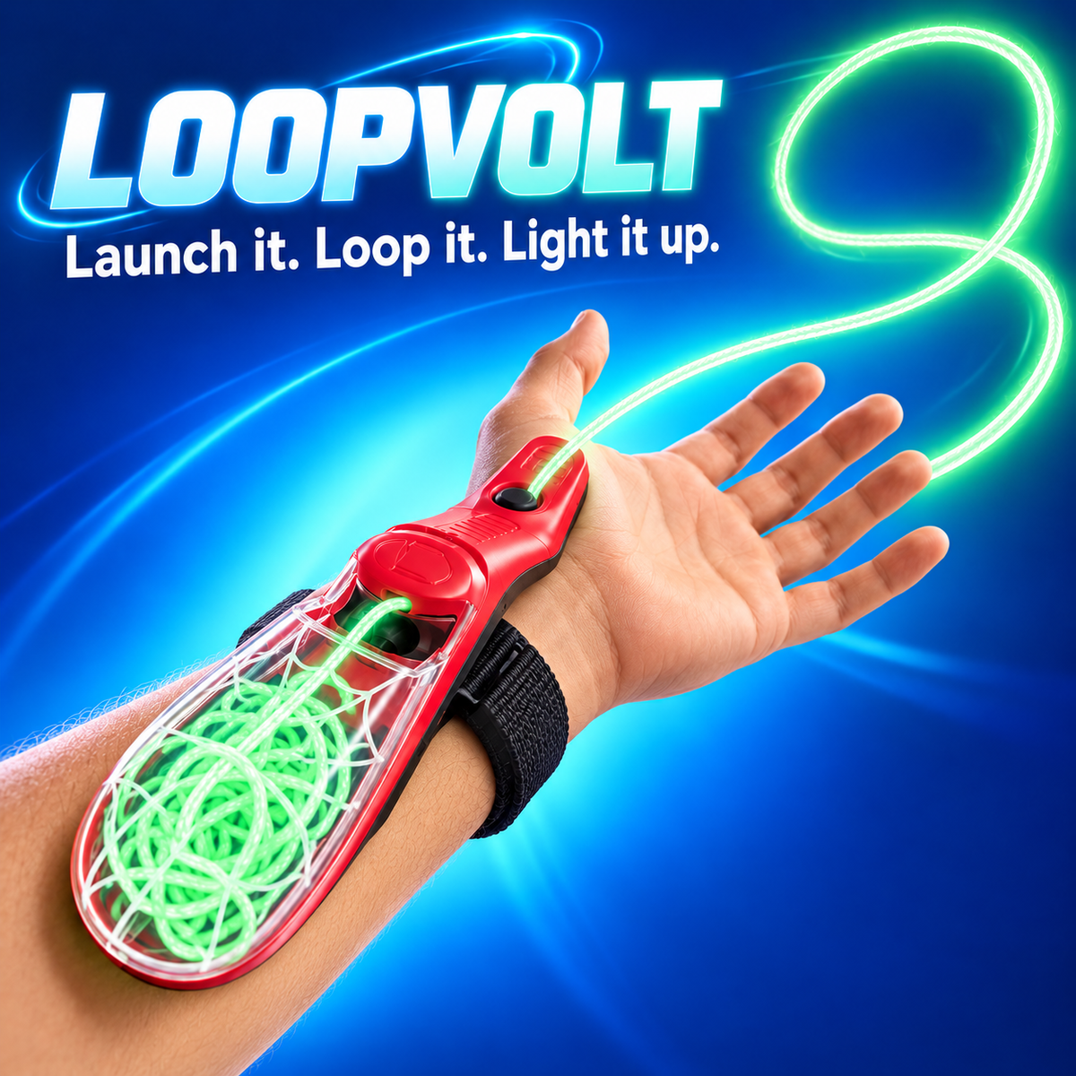 Loopvolt marketing illustration: red wrist launcher hero