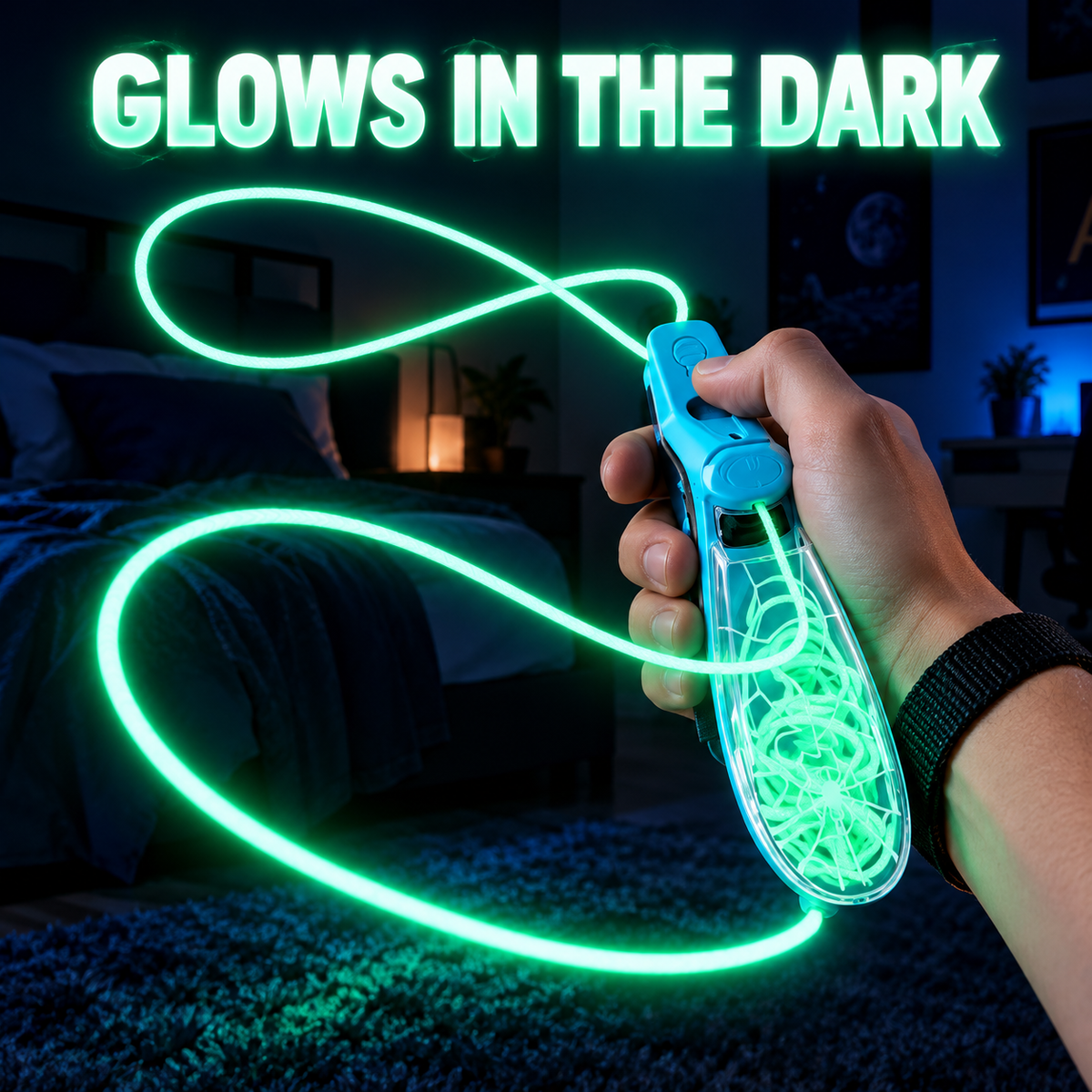 Loopvolt marketing illustration: glowing string in a dark room