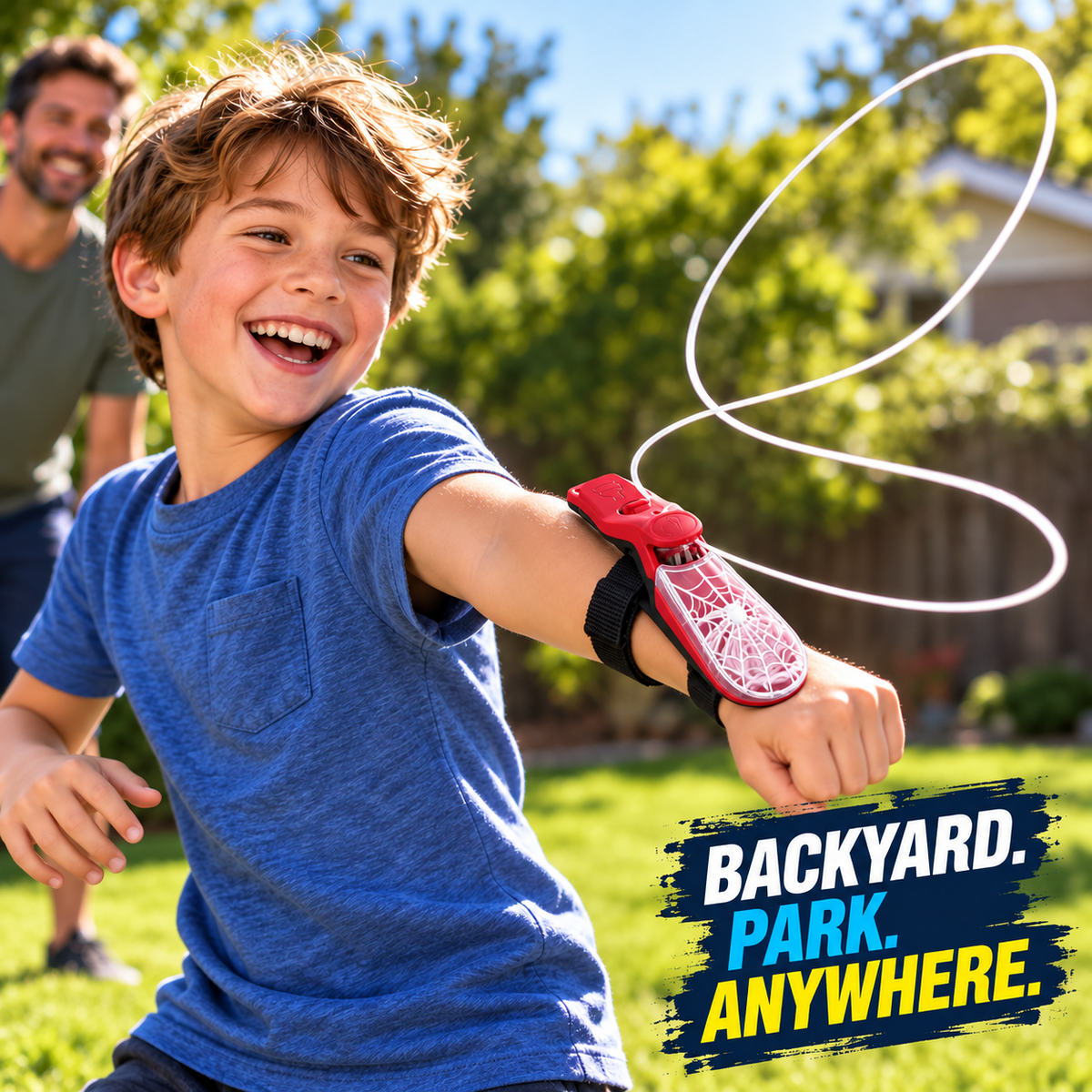 Loopvolt marketing illustration: red launcher backyard play